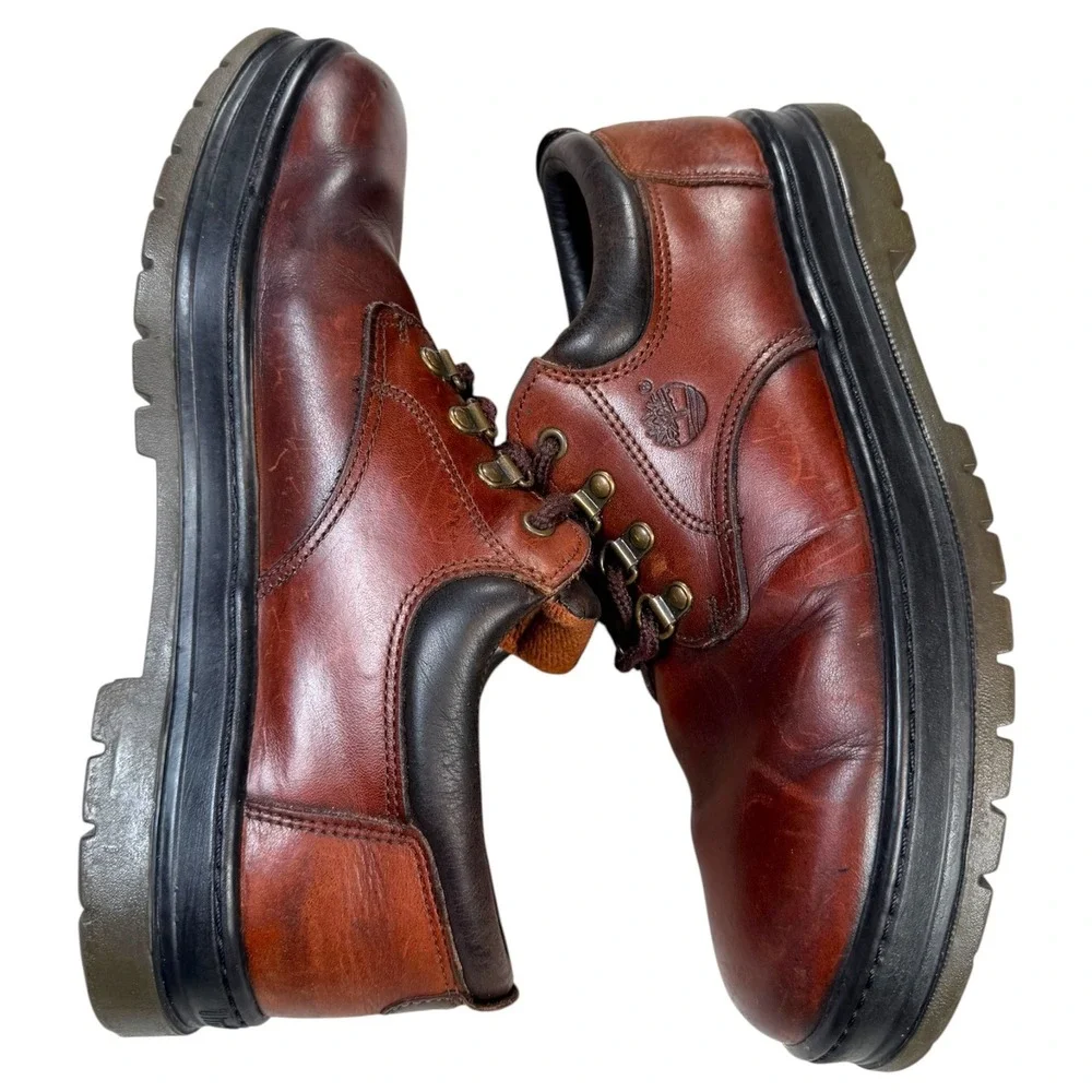 Vintage Timberland Low Oxford Boots Mens 11 Brown Leather Lug Sole Hiking Y2K